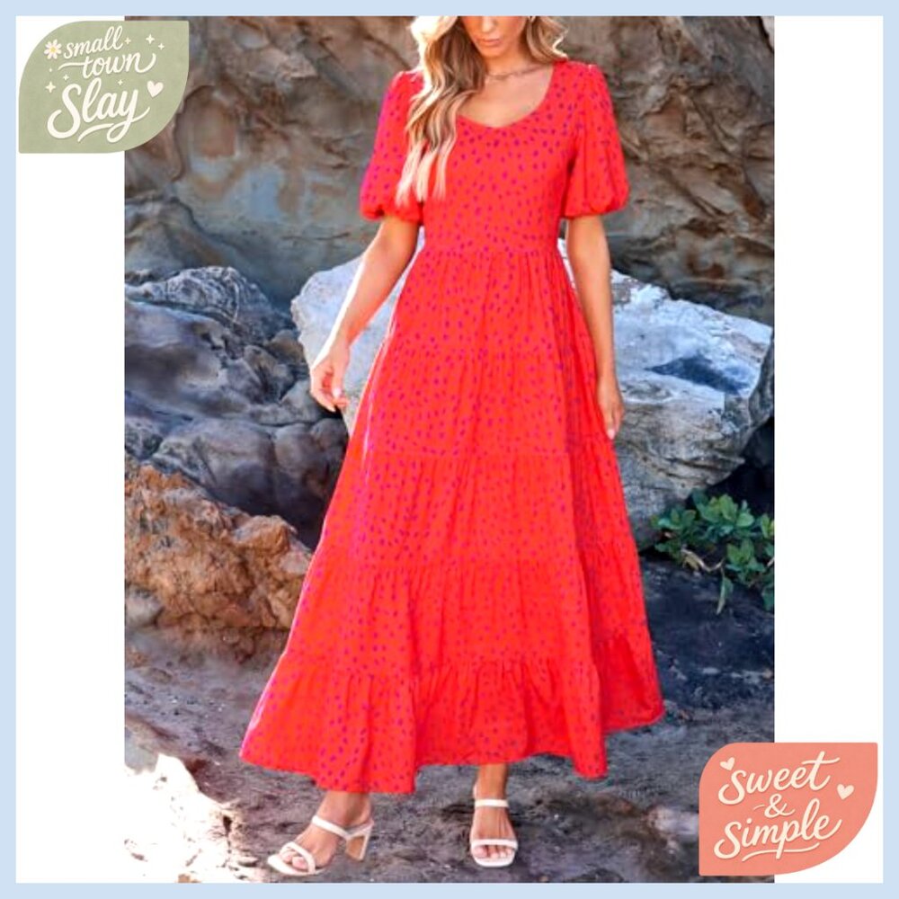 Puff Sleeve Tiered Maxi Dress Flowy Wedding Guest Maternity - Picture 5 of 7